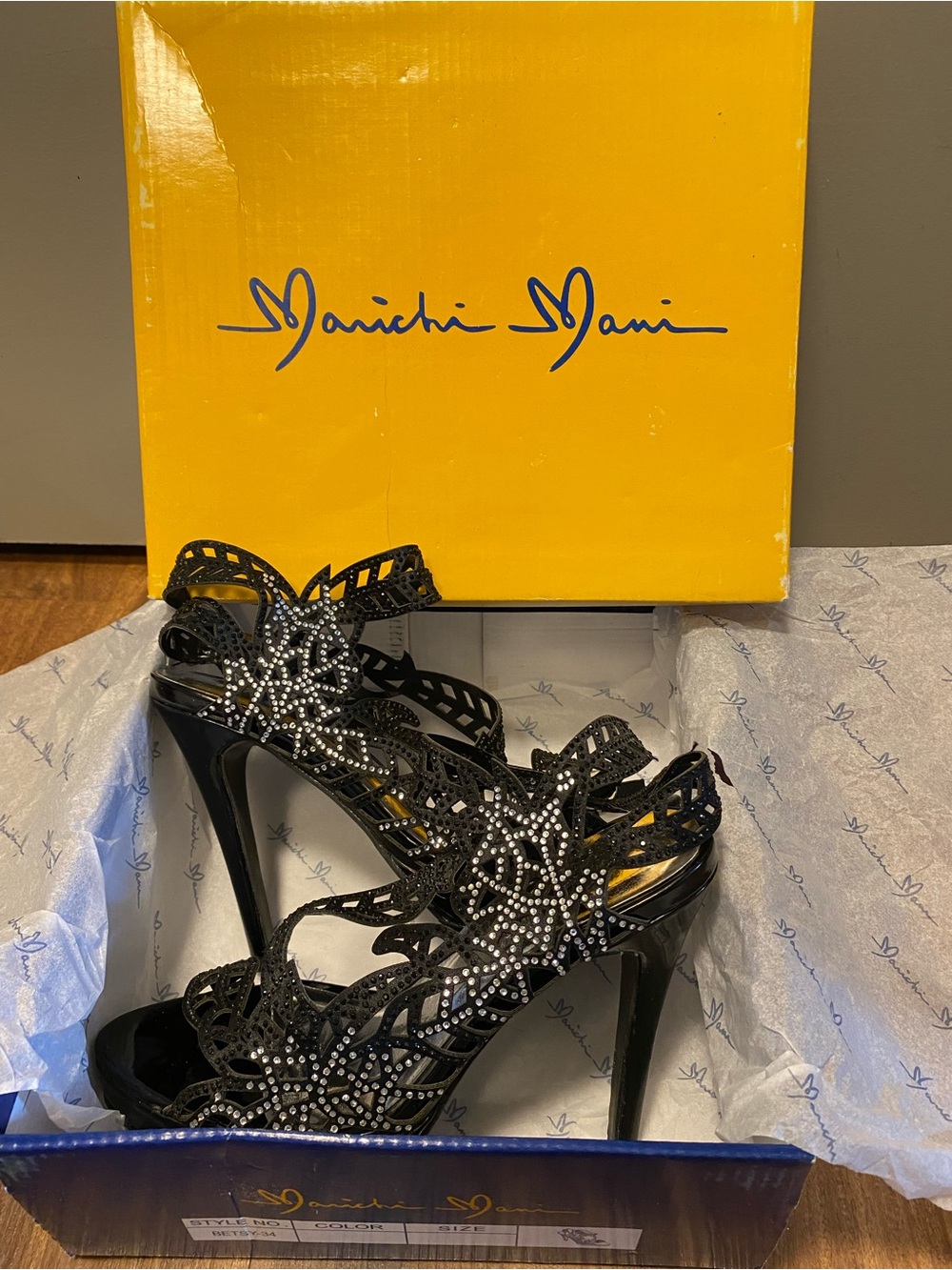 Black Rhinestone Cutout High Heel Sandals by